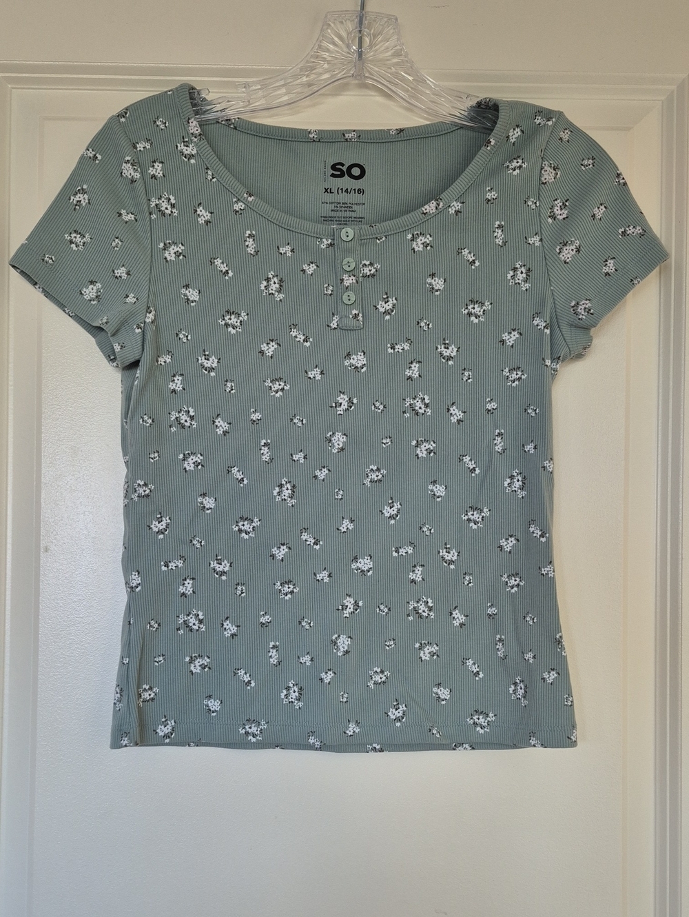 SO Sage Green Floral Ribbed Henley Tee